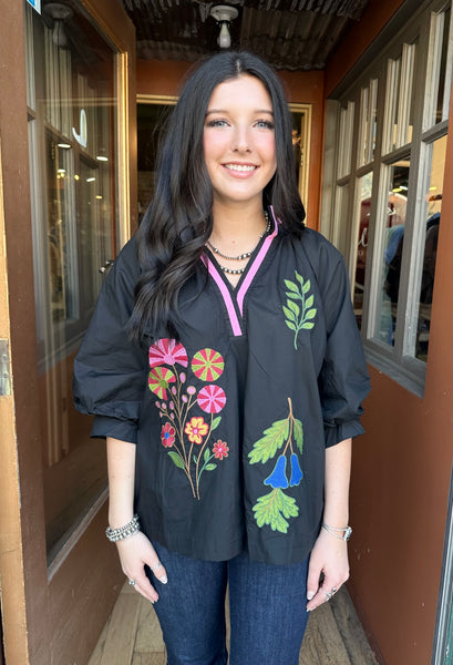 Black Embroidered Floral Top C5724