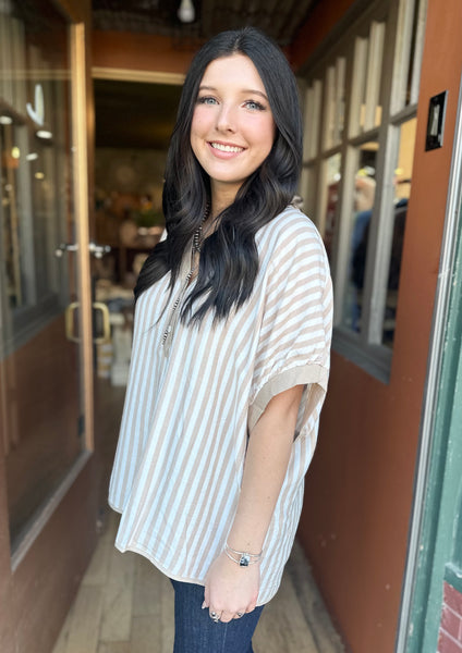 Latte Striped Collared Oversized Top K1547