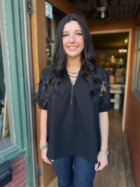 Black Lace Contrast Sleeve Blouse K1535