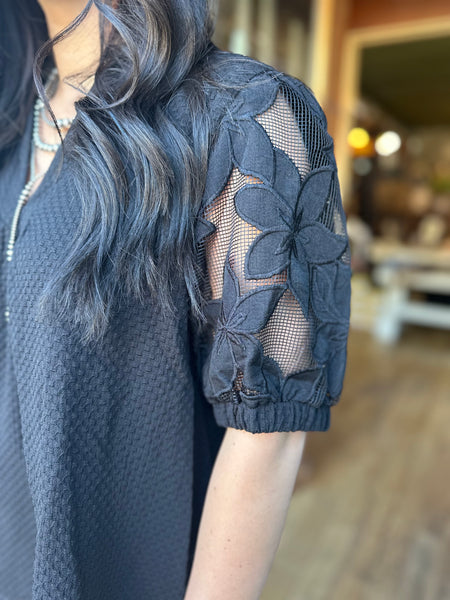 Black Lace Contrast Sleeve Blouse K1535