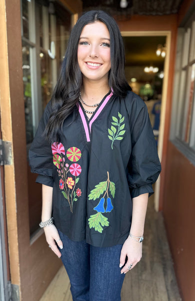 Black Embroidered Floral Top C5724