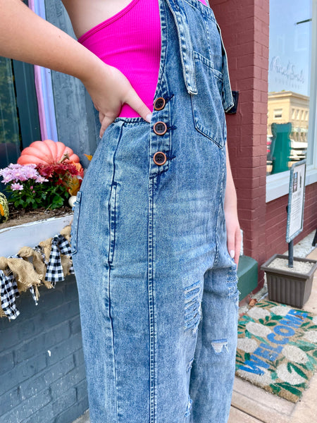 Washed Denim Loose Fit Overalls EB41407