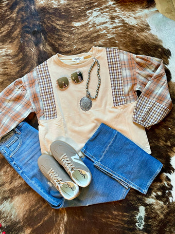 Plaid Sleeve French Terry Top HCT7145A