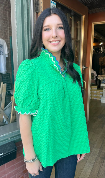 Green Scalloped Trim Blouse C5845