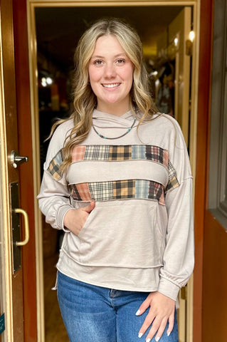 Taupe Plaid Detail Hoodie HT4593B