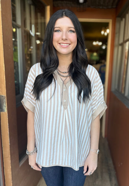 Latte Striped Collared Oversized Top K1547