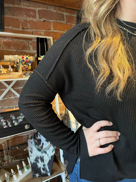 Black Ribbed Boat Neck Long Sleeve RTL-8452A5