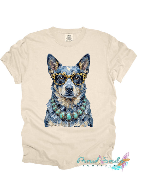 Western Glam Blue Heeler Turquoise Tee PO
