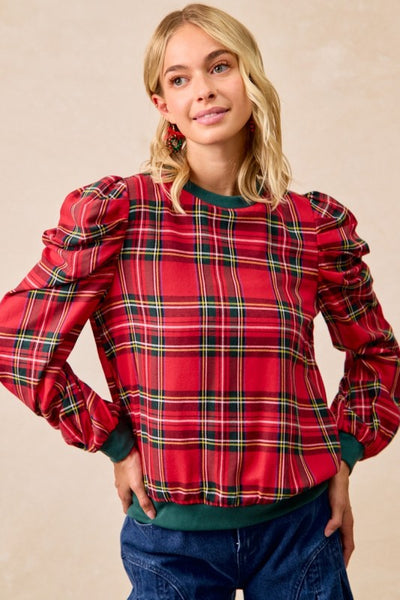 Christmas Plaid Exaggerated Shoulder Top IT4360G