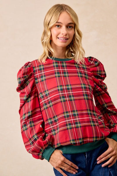 Christmas Plaid Exaggerated Shoulder Top IT4360G