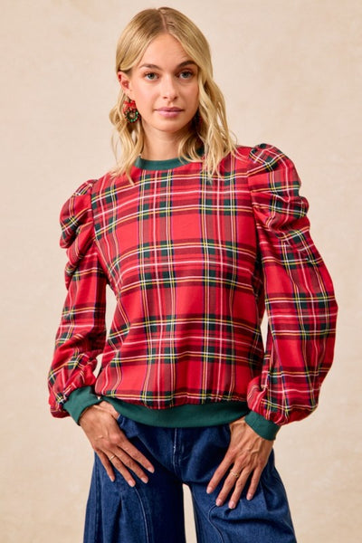 Christmas Plaid Exaggerated Shoulder Top IT4360G