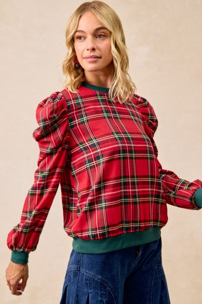 Christmas Plaid Exaggerated Shoulder Top IT4360G