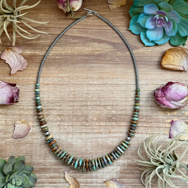 Green Turquoise Graduated Necklace with Sterling Silver Pearls & Hematite – 23”