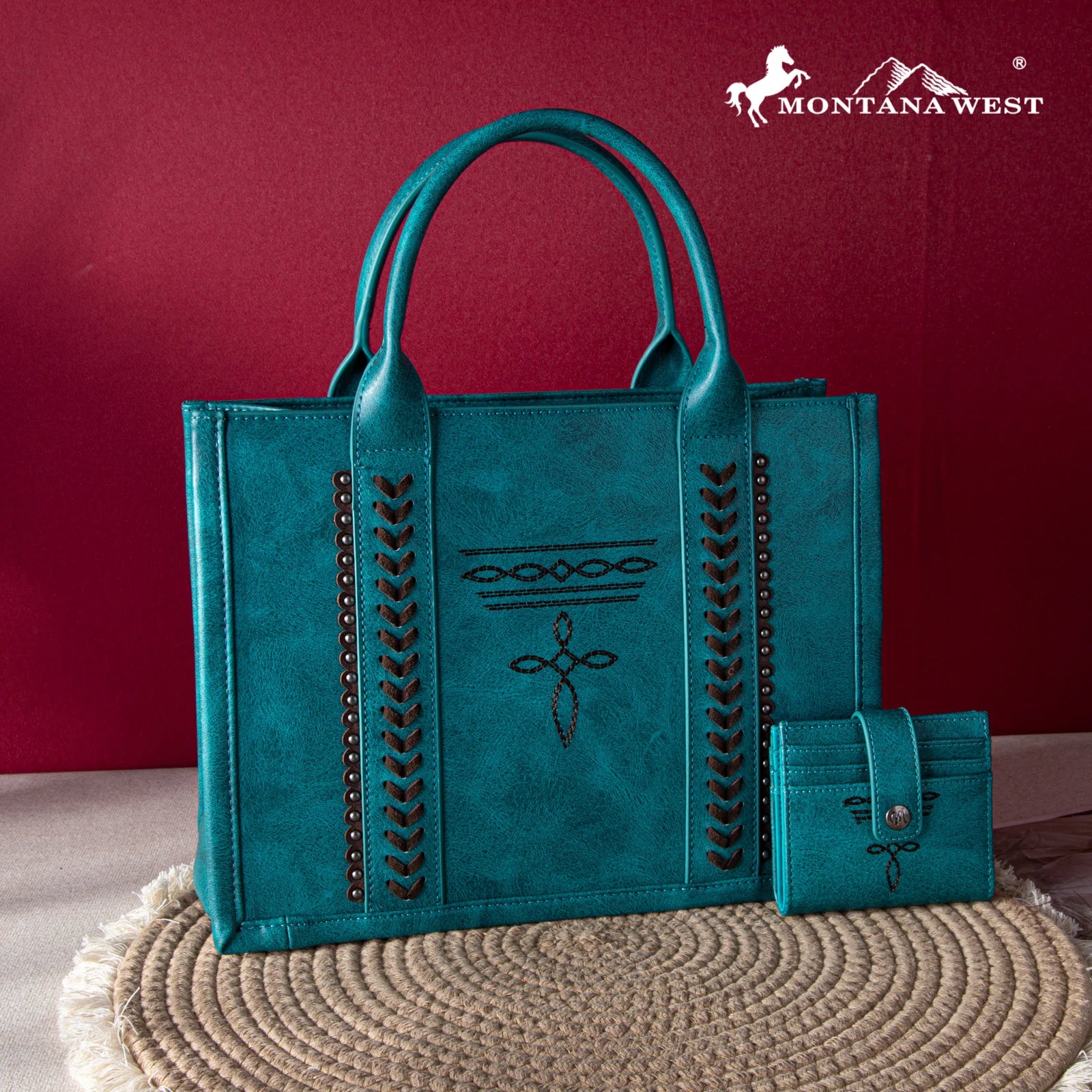 Montana West Whipstitch Concealed Carry Tote With Matching Bi-Fold Wallet - Turquoise MW1124-H8120SW