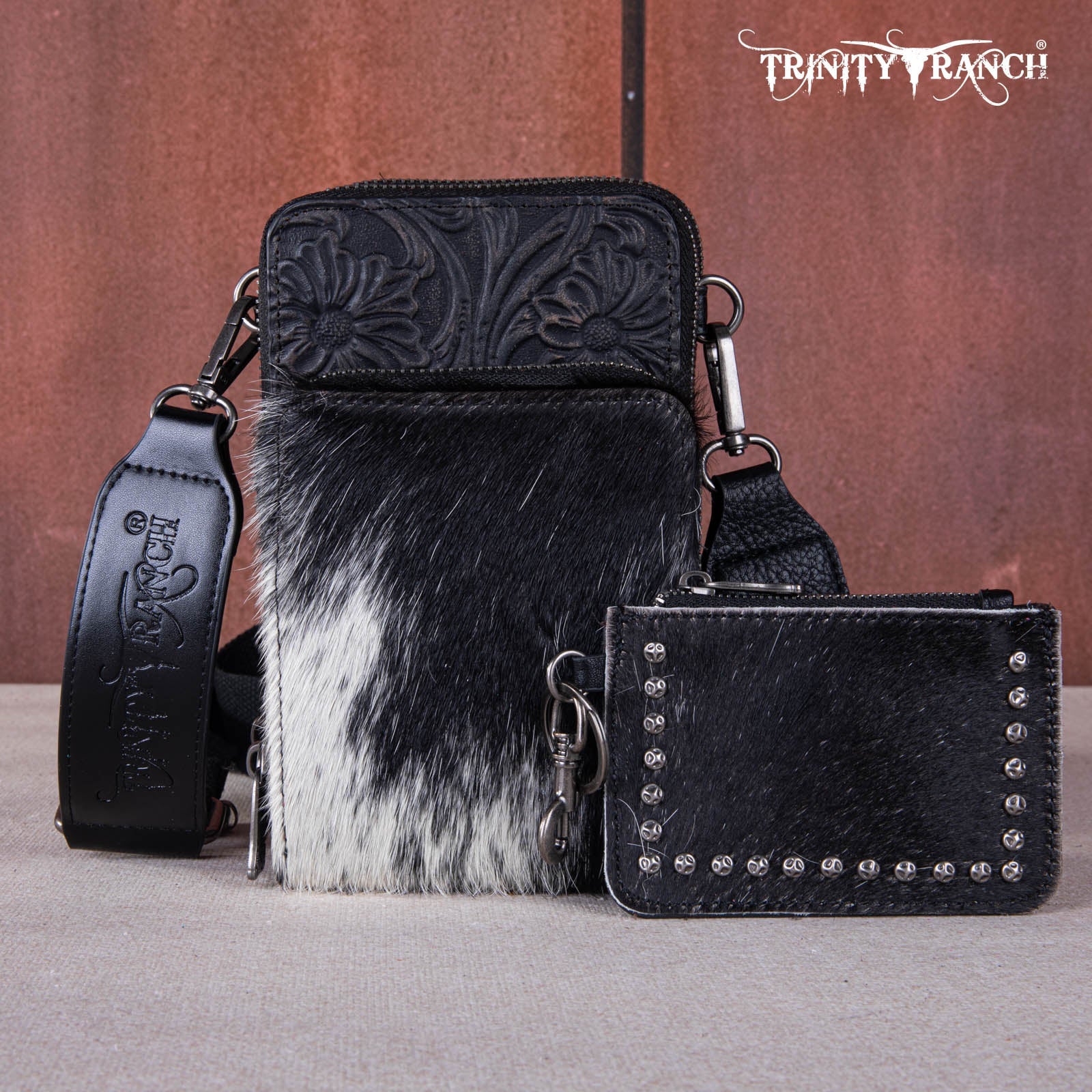 Trinity Ranch Genuine Hair-On Cowhide /Tooled Collection Phone Purse with Coin Pouch Black