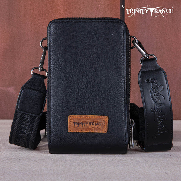 Trinity Ranch Genuine Hair-On Cowhide /Tooled Collection Phone Purse with Coin Pouch Black