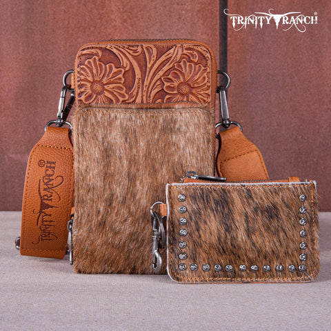 Trinity Ranch Genuine Hair-On Cowhide /Tooled Collection Phone Purse with Coin Pouch Light Brown