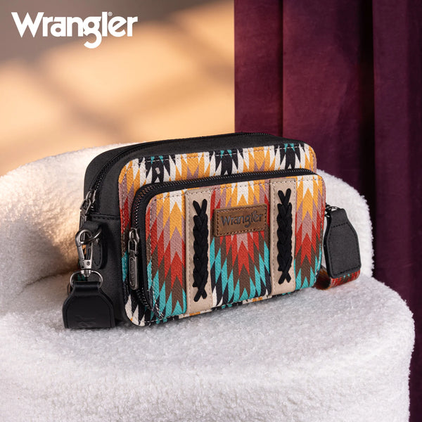 Wrangler Southwestern Pattern Dual Sided Print Crossbody Purse With Wallet Compartment - Black