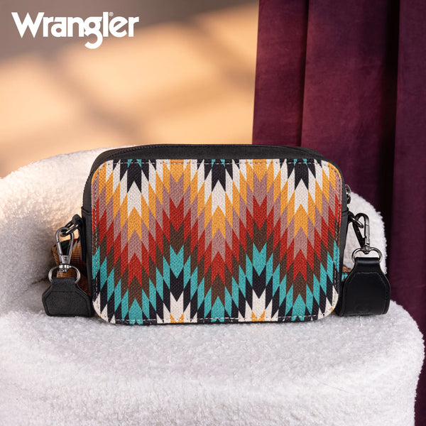 Wrangler Southwestern Pattern Dual Sided Print Crossbody Purse With Wallet Compartment - Black