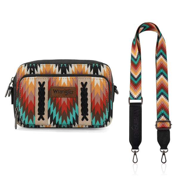 Wrangler Southwestern Pattern Dual Sided Print Crossbody Purse With Wallet Compartment - Black