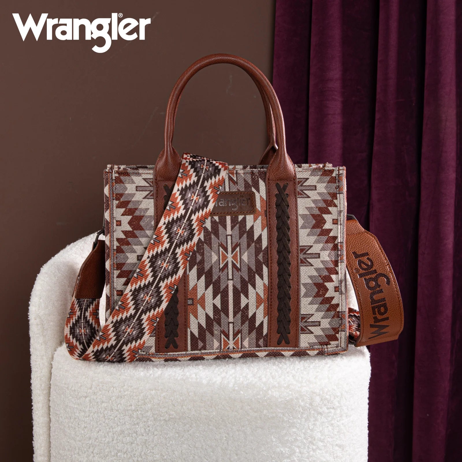 Wrangler Southwestern Pattern Dual Sided Print -Tote/Crossbody - BROWN