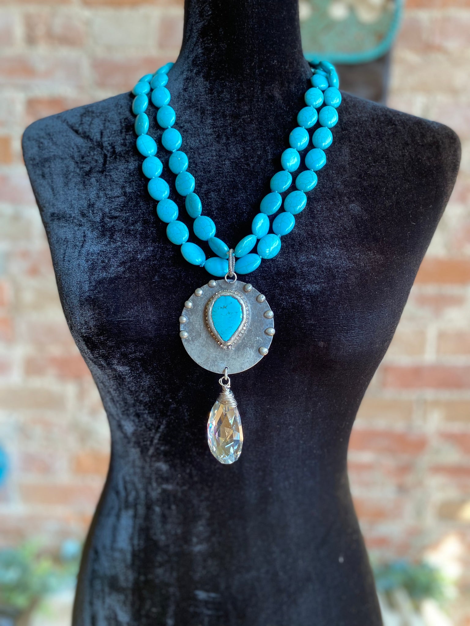 Turquoise Stone with Metal & Stone Pendant Necklace (M)