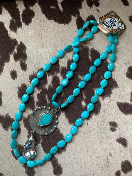 Turquoise Stone with Metal & Stone Pendant Necklace (M)